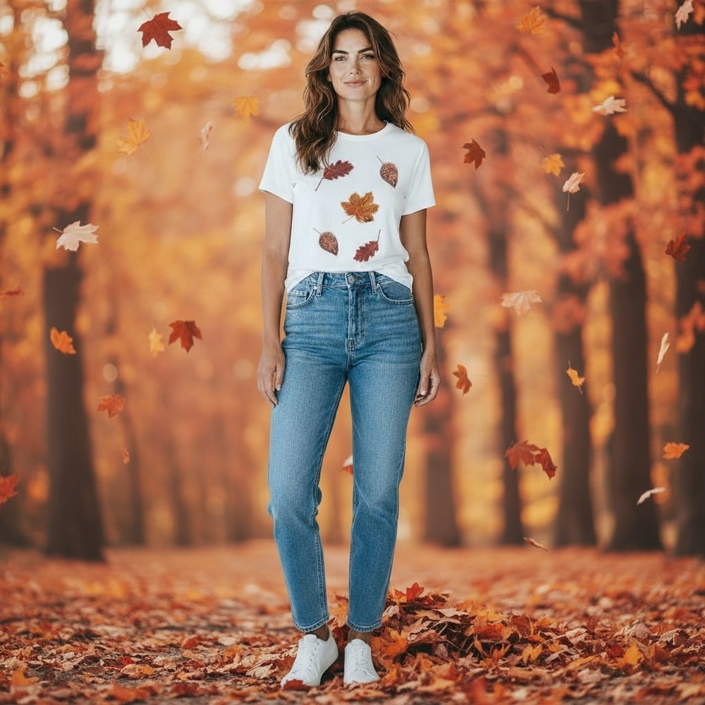 POODIT Fall sequin leaves white tee S M L XL